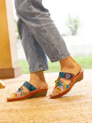 Summer Blossom Embossed Leather Sandal - Orange