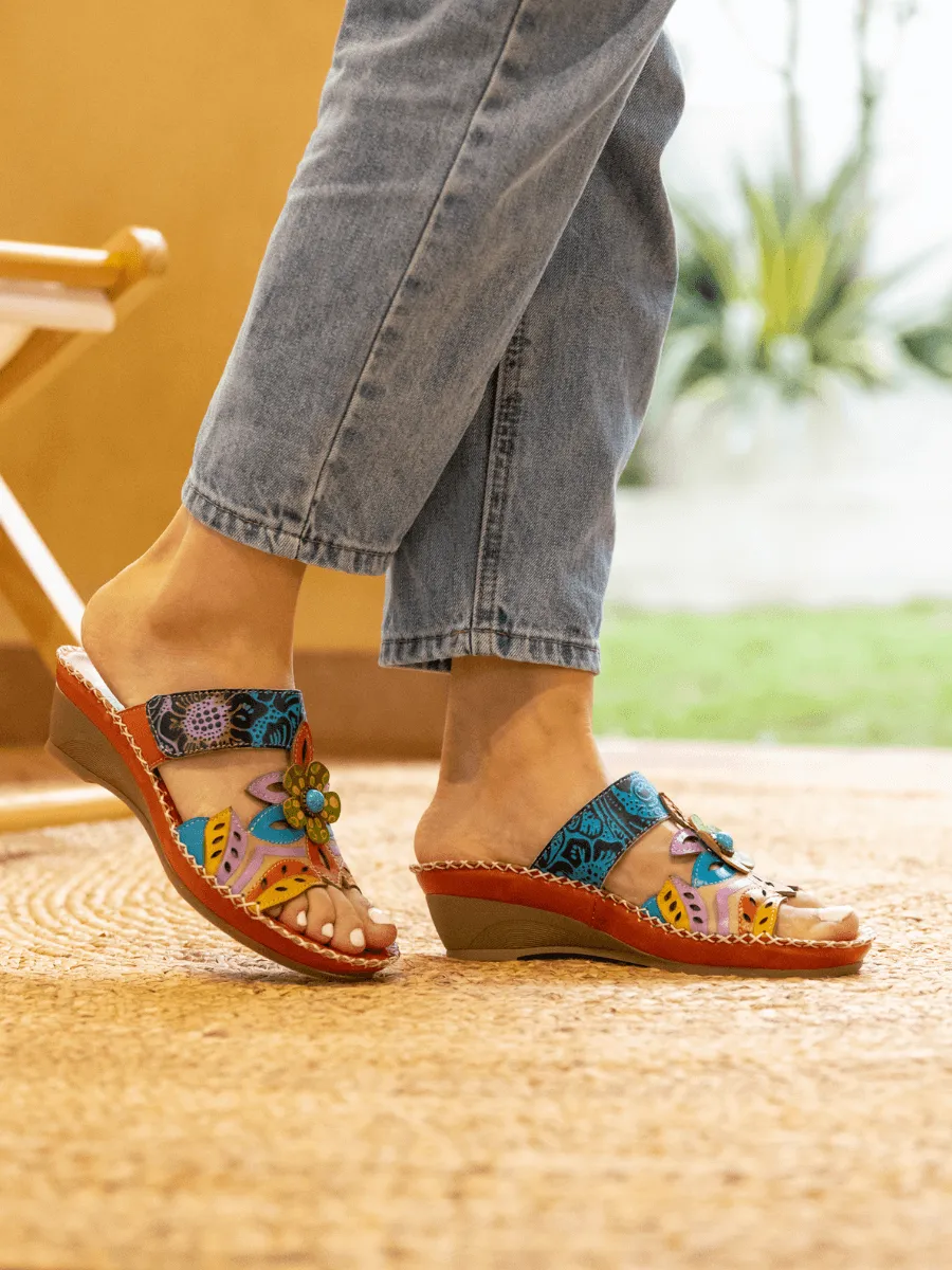 Summer Blossom Embossed Leather Sandal - Orange