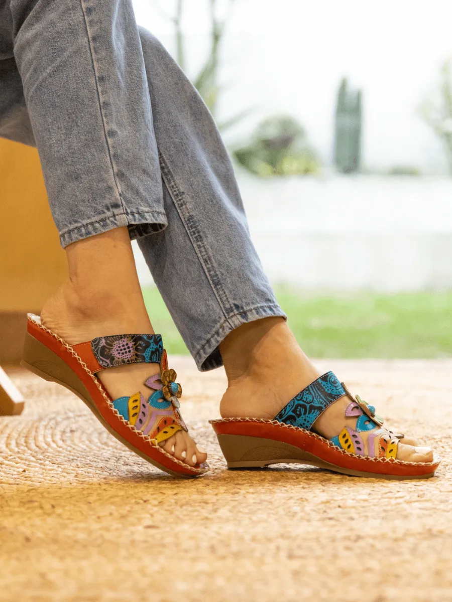 Summer Blossom Embossed Leather Sandal - Orange