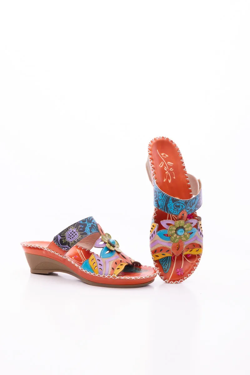 Summer Blossom Embossed Leather Sandal - Orange
