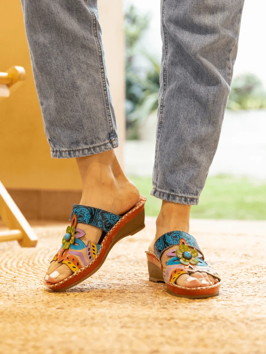 Summer Blossom Embossed Leather Sandal - Orange