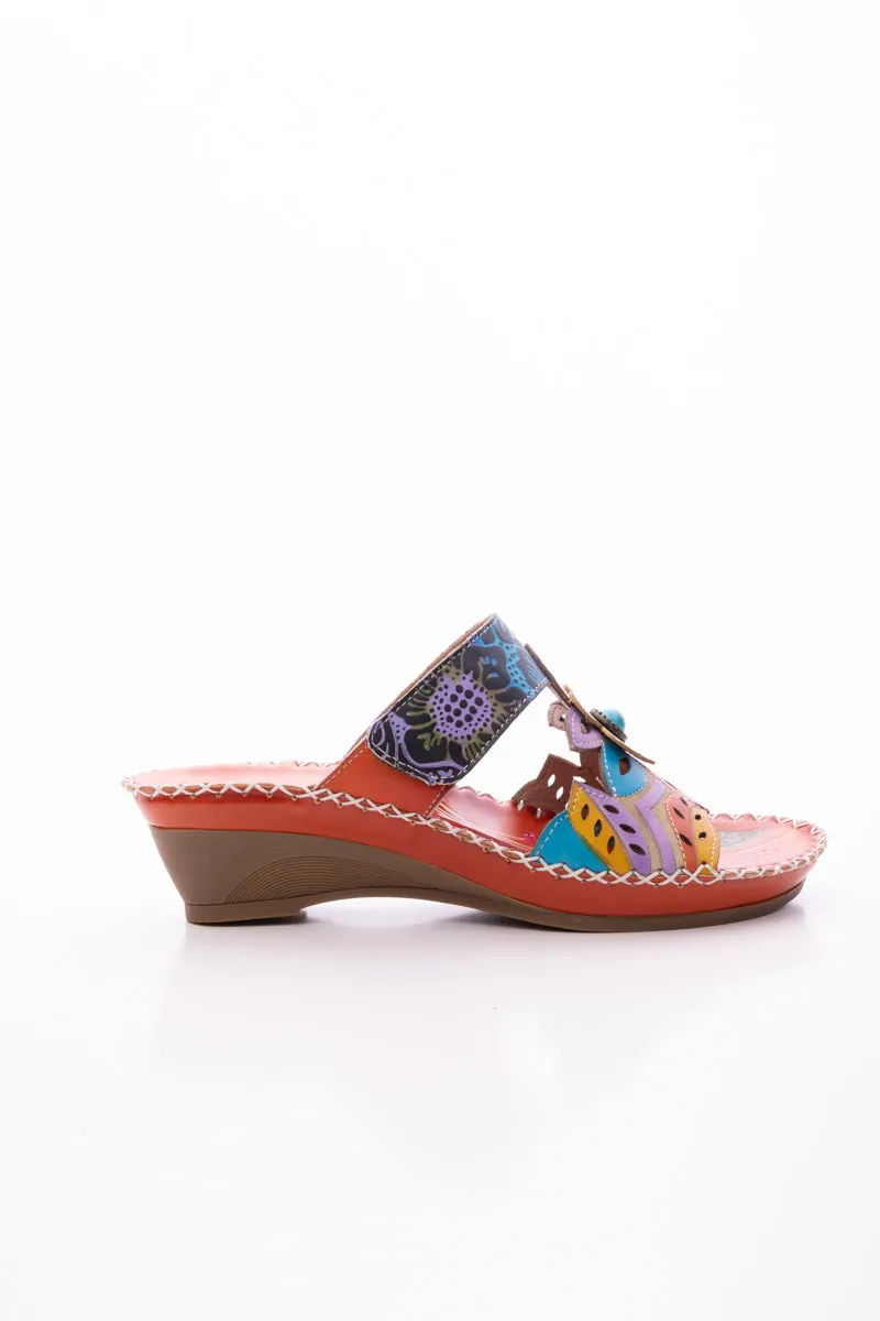Summer Blossom Embossed Leather Sandal - Orange