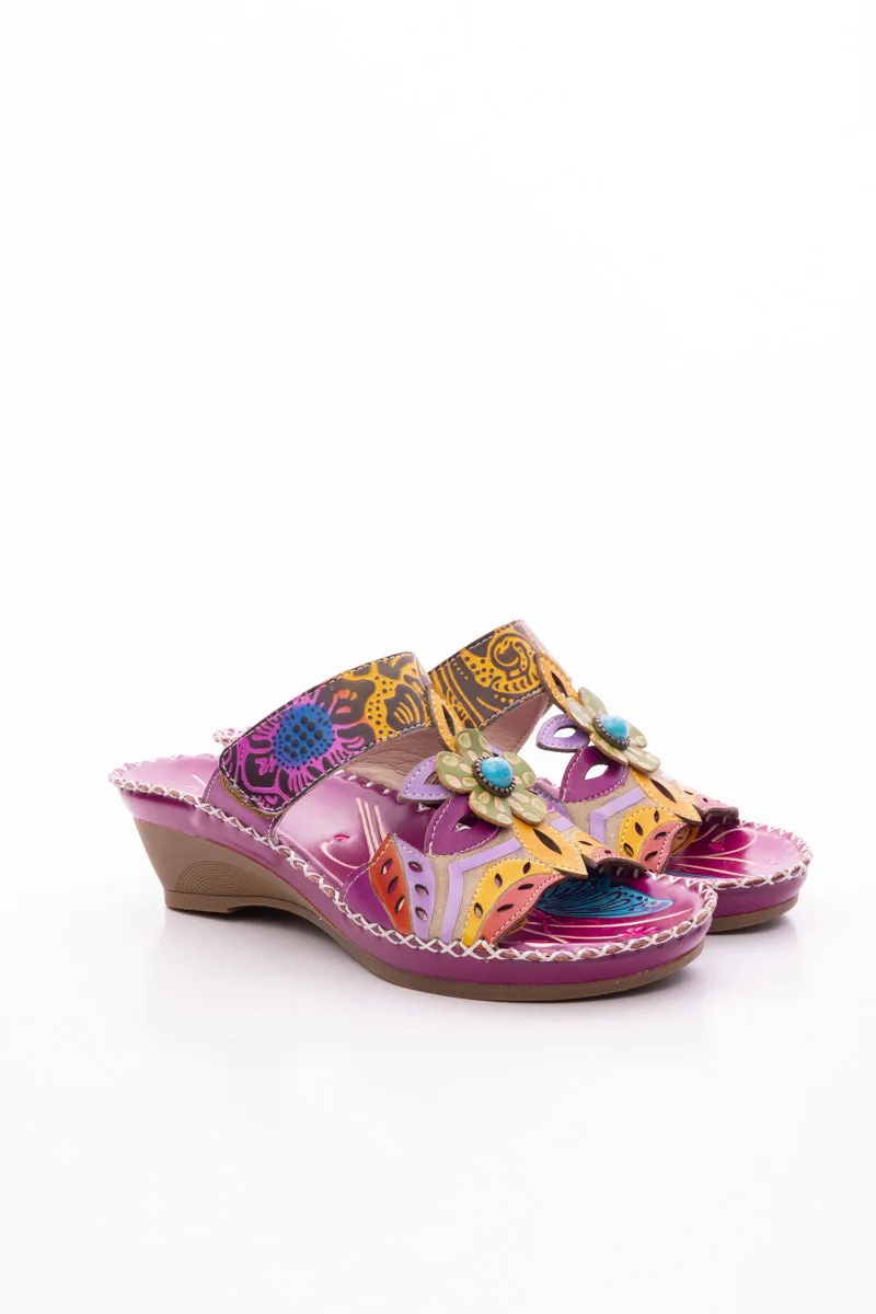 Summer Blossom Embossed Leather Sandal - Purple