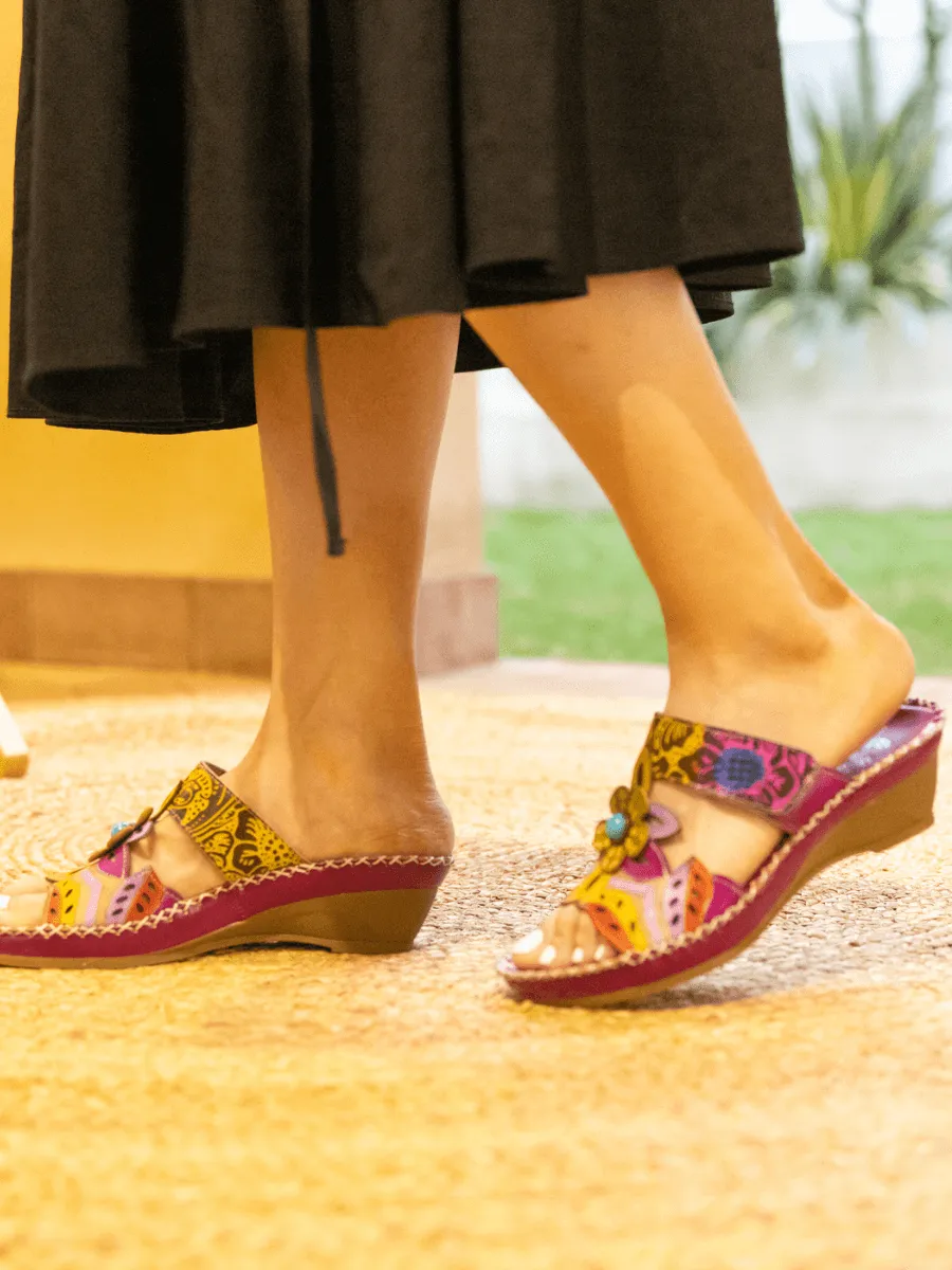 Summer Blossom Embossed Leather Sandal - Purple