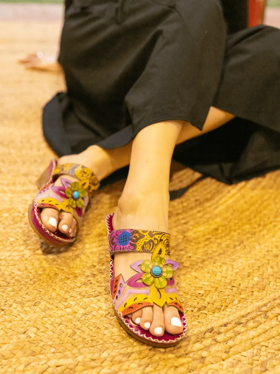 Summer Blossom Embossed Leather Sandal - Purple