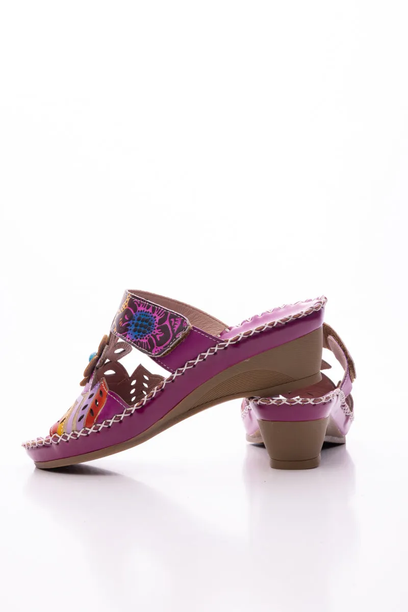Summer Blossom Embossed Leather Sandal - Purple