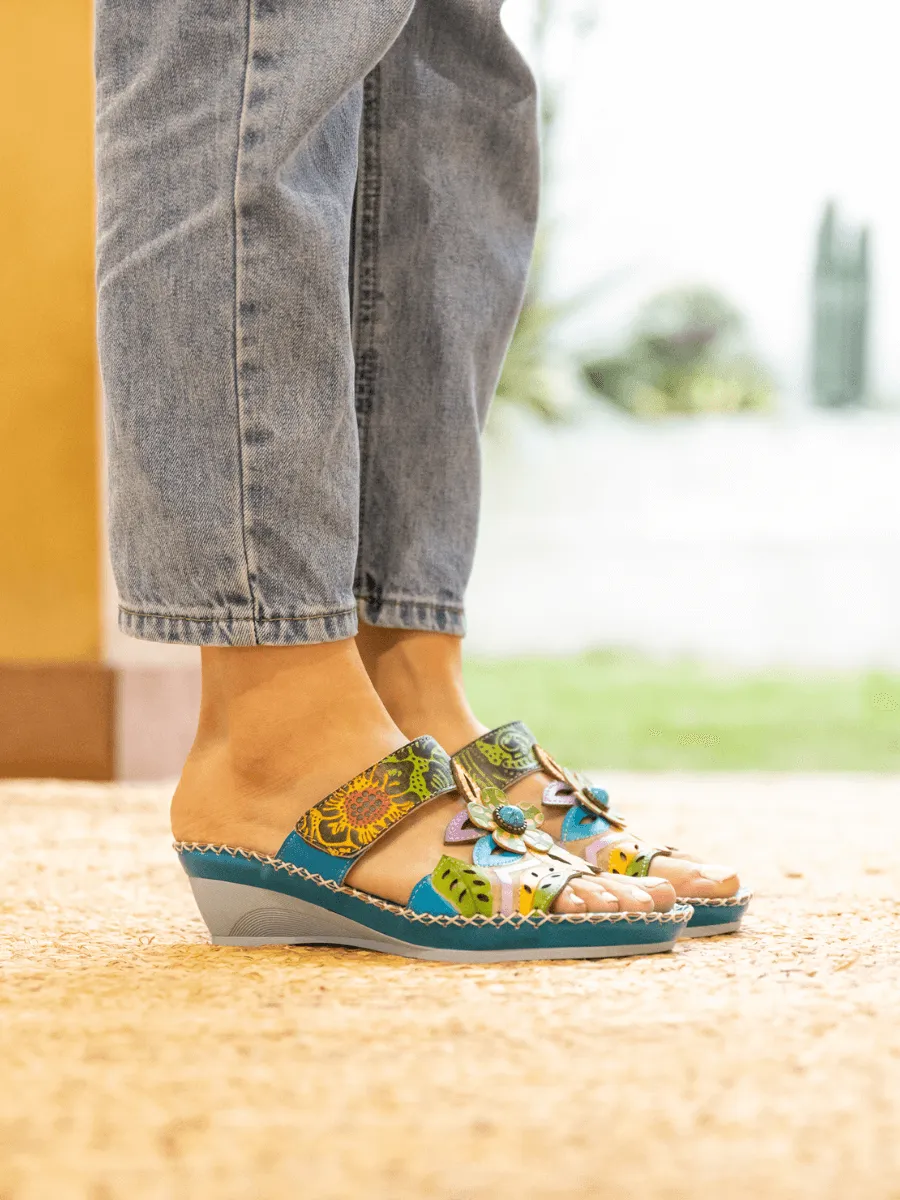 Summer Blossom Embossed Leather Sandal - Turquoise