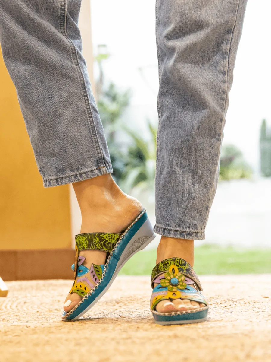 Summer Blossom Embossed Leather Sandal - Turquoise