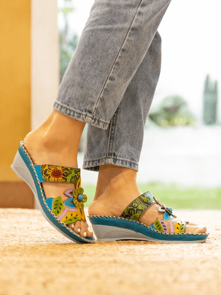 Summer Blossom Embossed Leather Sandal - Turquoise