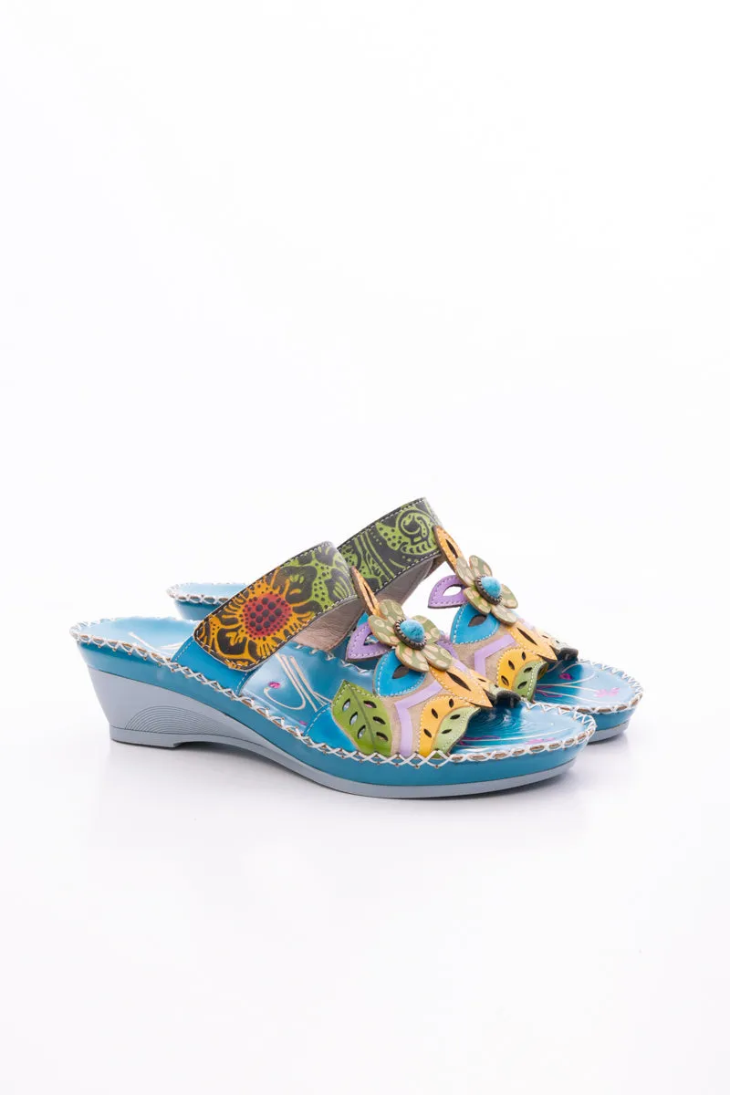 Summer Blossom Embossed Leather Sandal - Turquoise