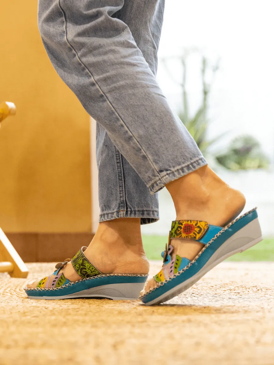 Summer Blossom Embossed Leather Sandal - Turquoise
