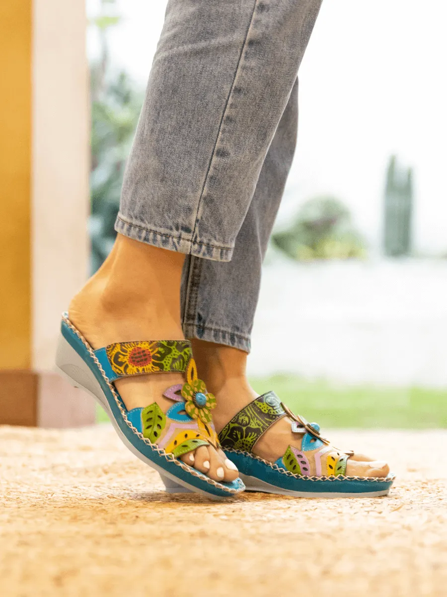 Summer Blossom Embossed Leather Sandal - Turquoise