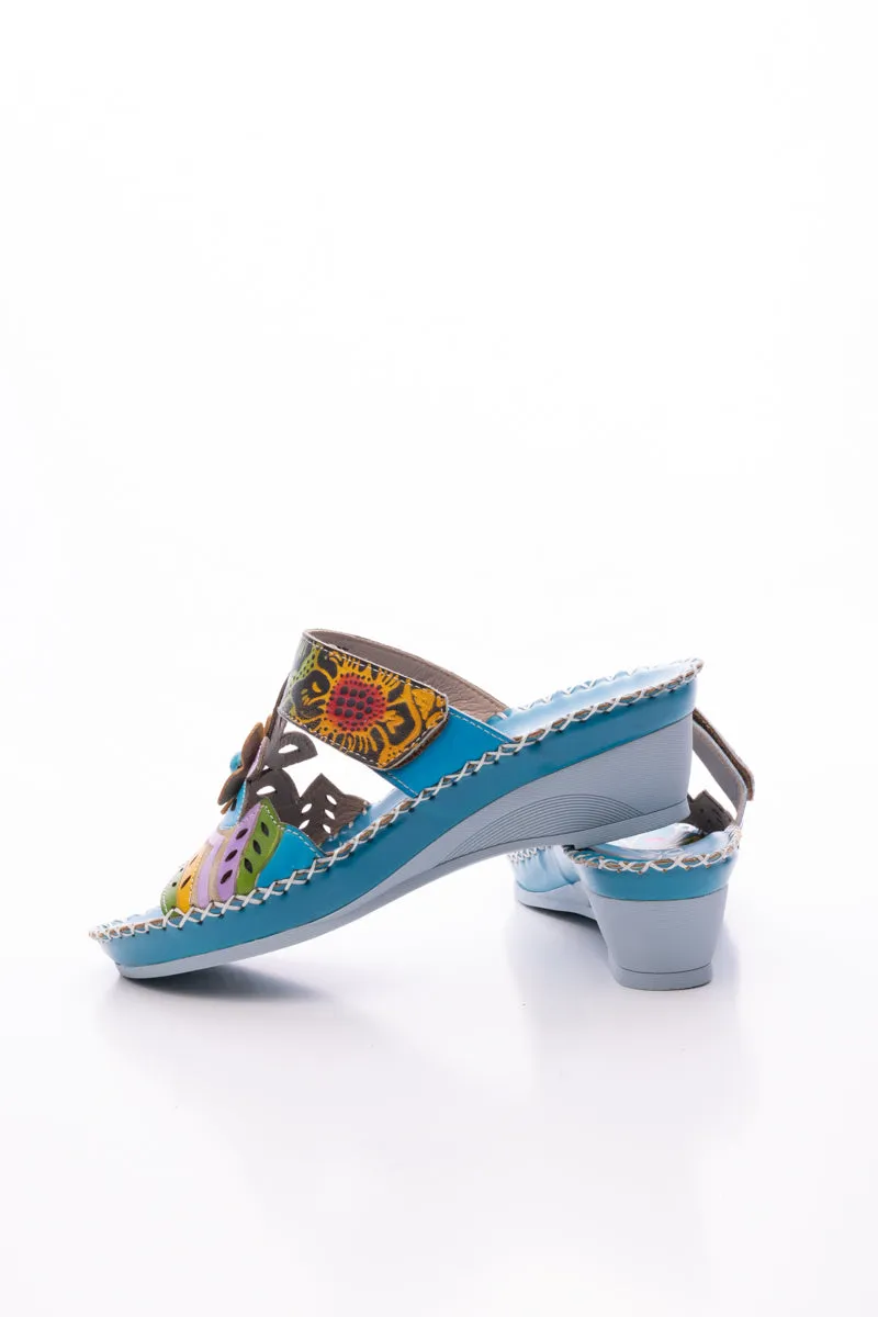 Summer Blossom Embossed Leather Sandal - Turquoise