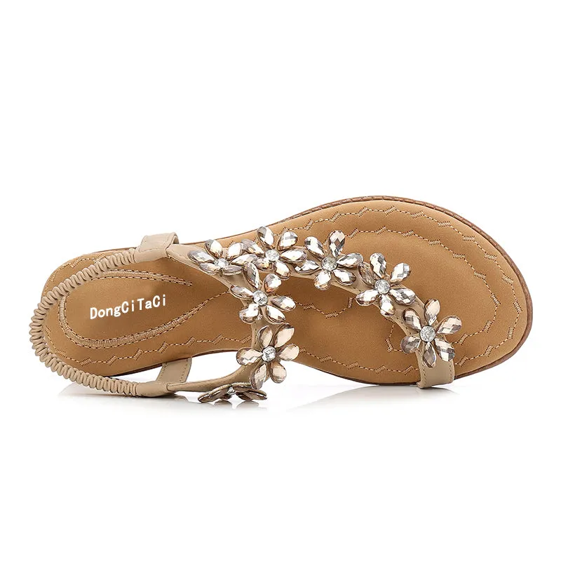 Summer Flat Gladiator Sandals Shoes Bohemia Flip Flop Crystal Flower Casual Beach Sandals 35-42