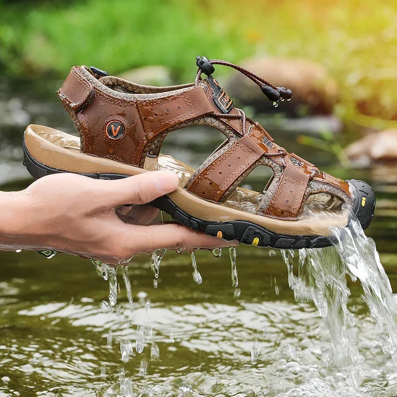 Summer Men’s Leather Sandals – Breathable Casual Beach Shoes