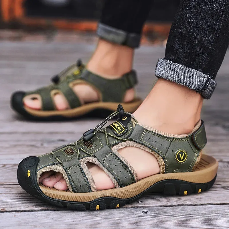 Summer Men’s Leather Sandals – Breathable Casual Beach Shoes