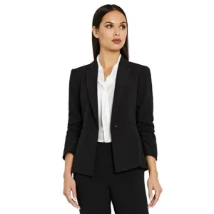 Tahari ASL Women's Ruched-Sleeve One-Button Blazer Formal Jacket Deep Black