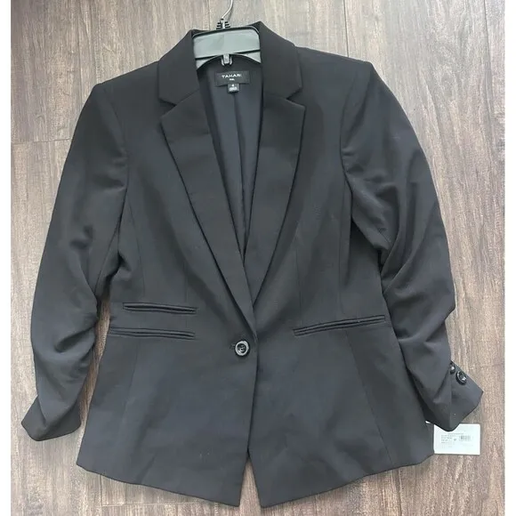 Tahari ASL Women's Ruched-Sleeve One-Button Blazer Formal Jacket Deep Black
