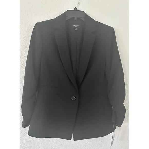Tahari ASL Women's Ruched-Sleeve One-Button Blazer Formal Jacket Deep Black