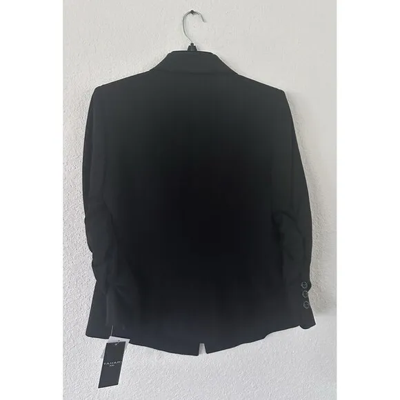 Tahari ASL Women's Ruched-Sleeve One-Button Blazer Formal Jacket Deep Black