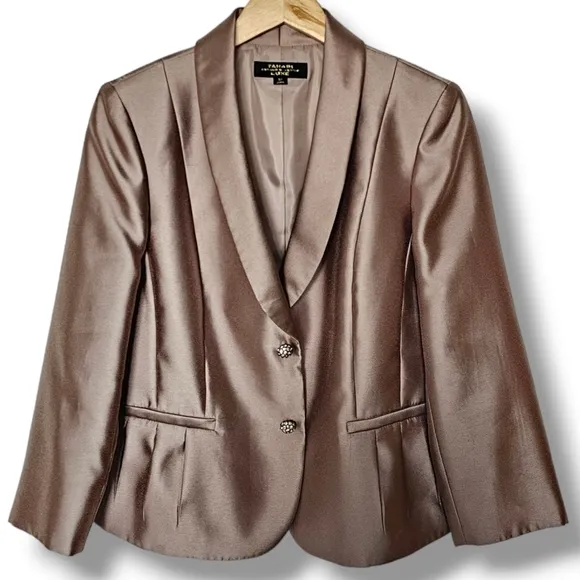 Tahari Luxe Blazer Size 10 Dressy Jacket Tan Rhinestone Buttons Fancy Formal