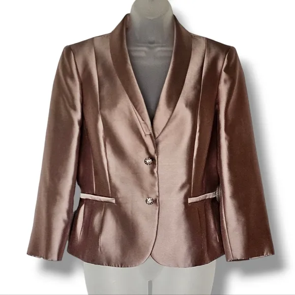 Tahari Luxe Blazer Size 10 Dressy Jacket Tan Rhinestone Buttons Fancy Formal