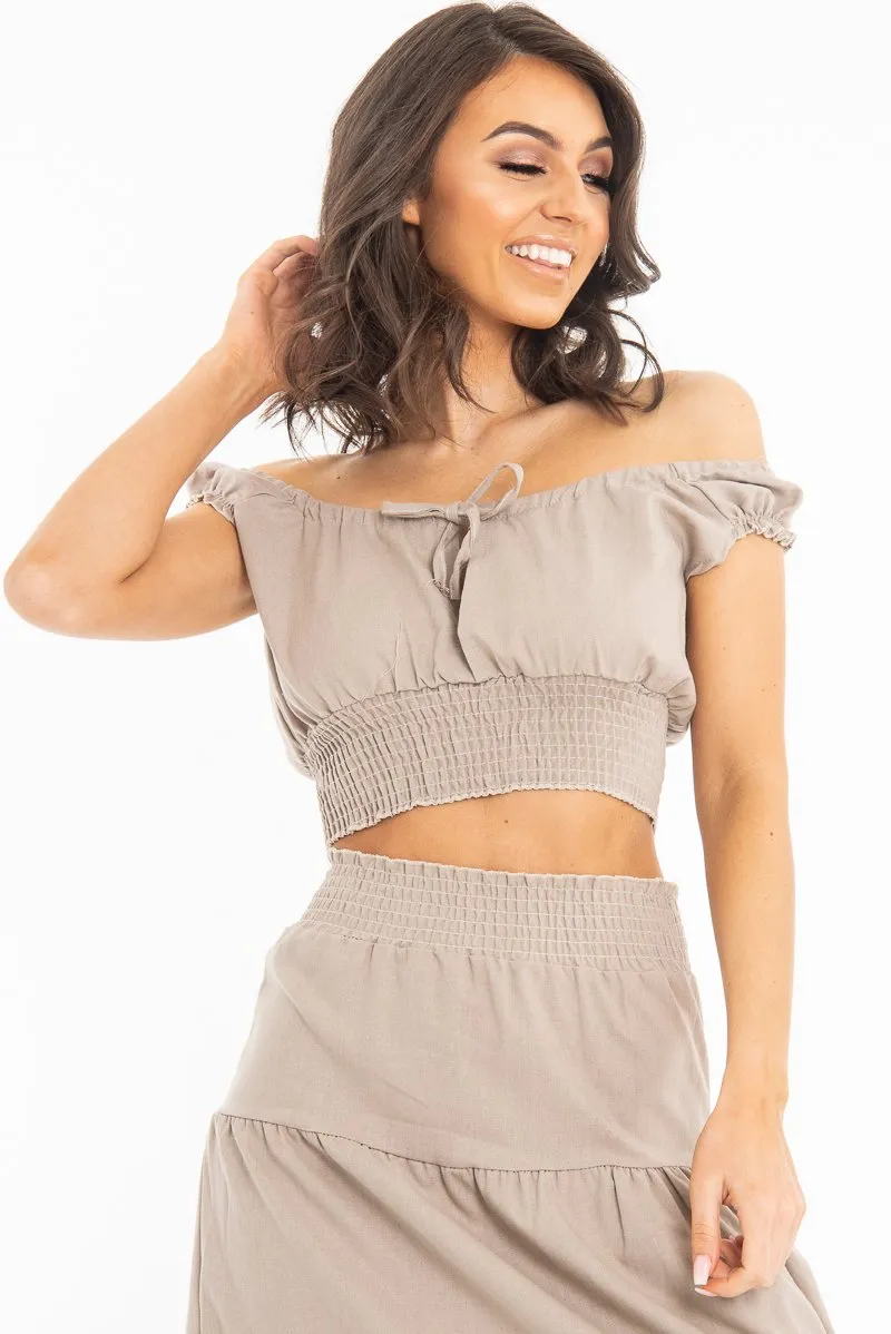 Taupe Ruffle Shoulder Tie Back Crop Top  - Melida