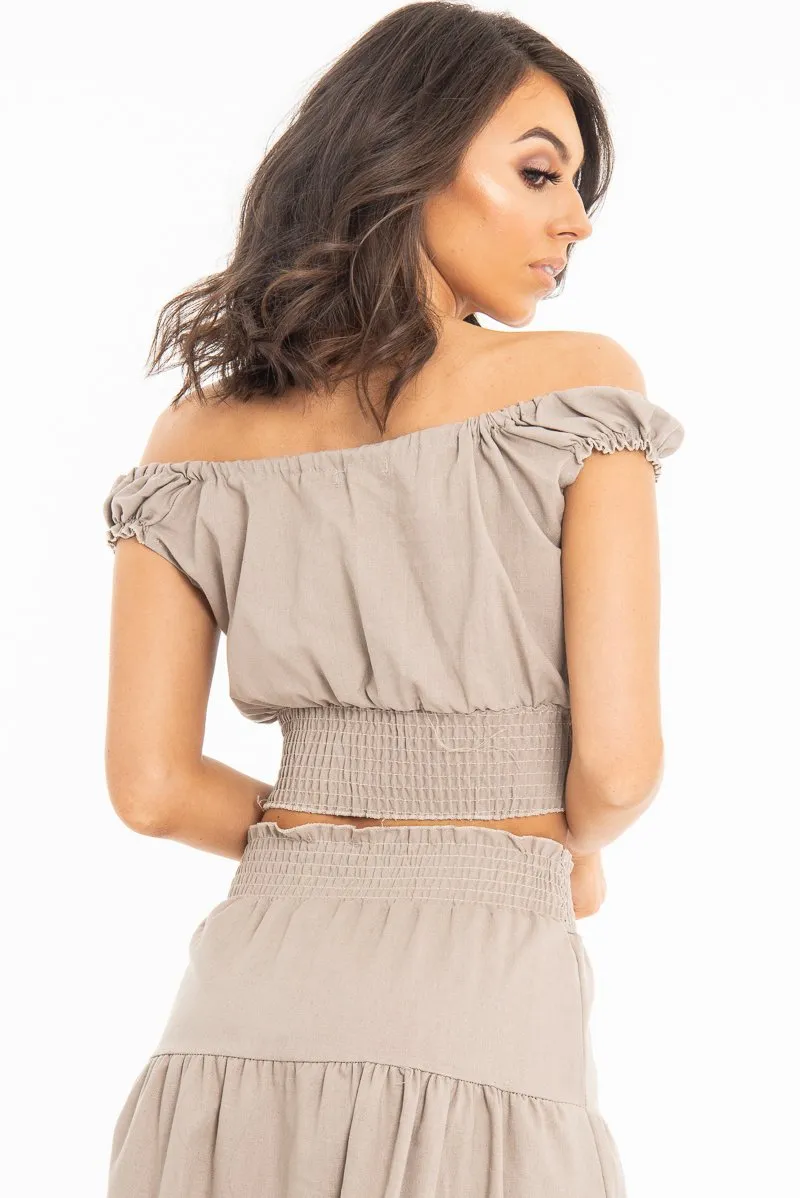 Taupe Ruffle Shoulder Tie Back Crop Top  - Melida