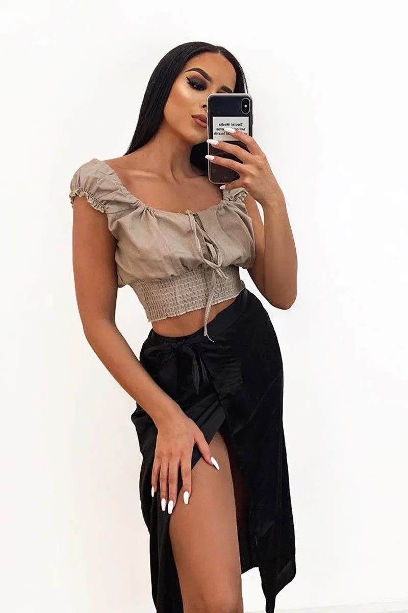 Taupe Ruffle Shoulder Tie Back Crop Top  - Melida