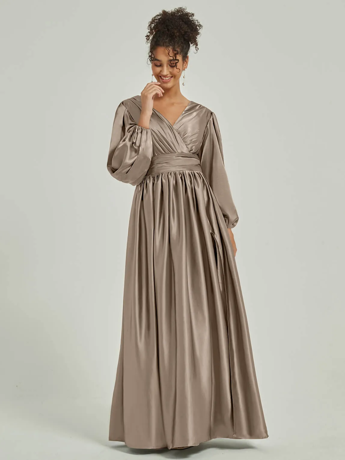 Taupe Satin 3/4 Long Slit Sleeve V-Neck Slit Pleated Bridesmaid Dress