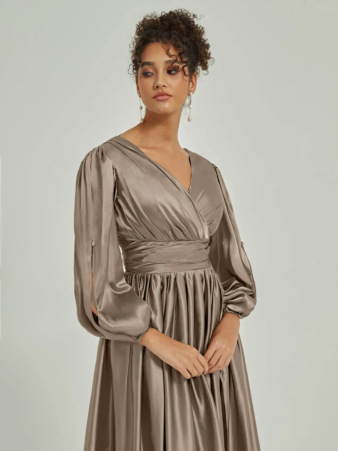 Taupe Satin 3/4 Long Slit Sleeve V-Neck Slit Pleated Bridesmaid Dress