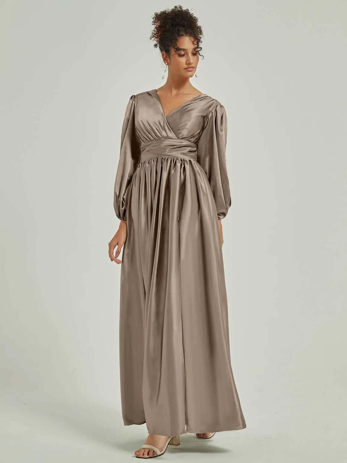 Taupe Satin 3/4 Long Slit Sleeve V-Neck Slit Pleated Bridesmaid Dress