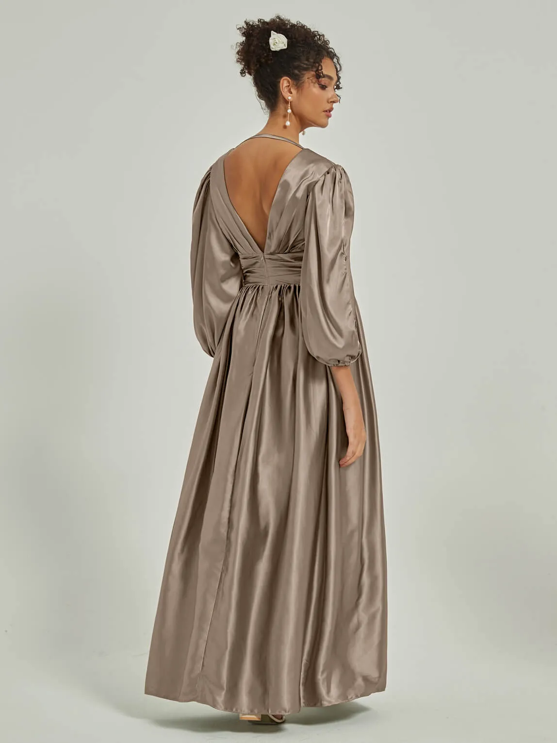 Taupe Satin 3/4 Long Slit Sleeve V-Neck Slit Pleated Bridesmaid Dress
