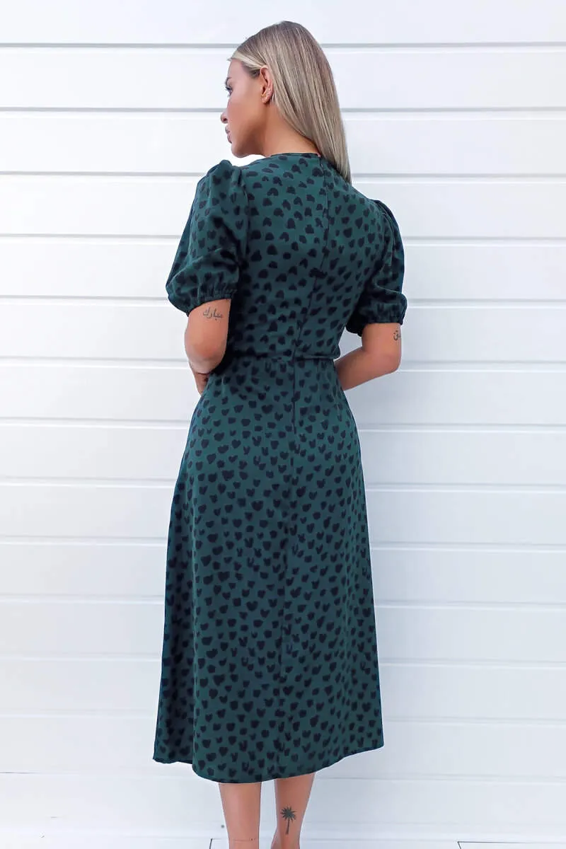 Teal Heart Printed Ruched Side Midi Dress