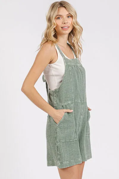 Textured Knotted Wide Strap Overalls
