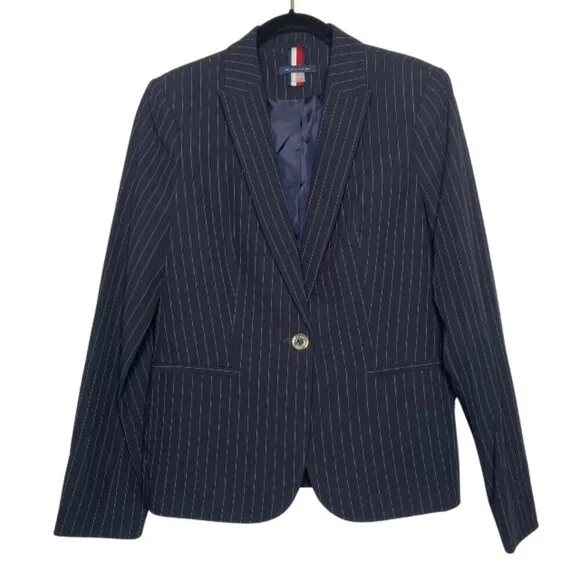 Tommy Hilfiger Women's Navy Pinstripe, Single Button, Peak Lapel Blazer, Size 6