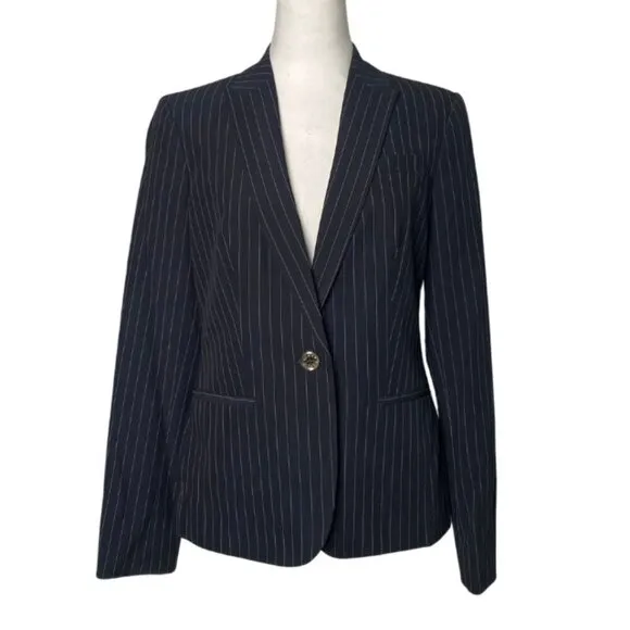 Tommy Hilfiger Women's Navy Pinstripe, Single Button, Peak Lapel Blazer, Size 6