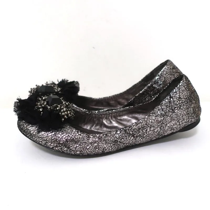 Tory Burch Scrunch Ballet Flats Amelia Crystal-Embellished Silver Leather Size 8