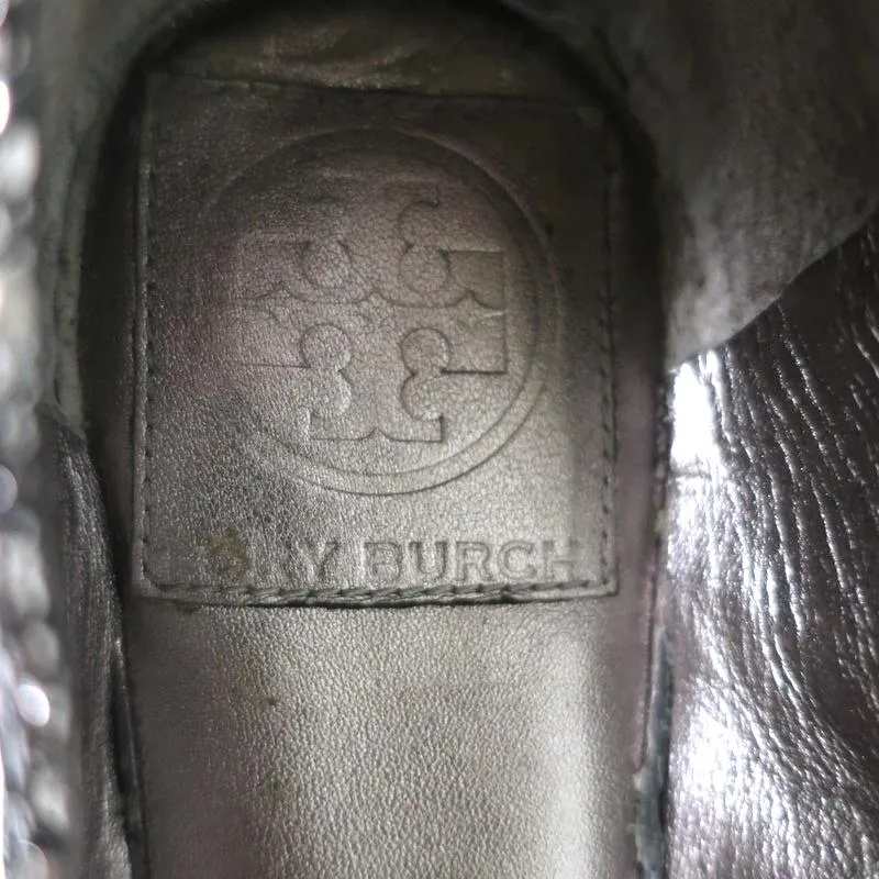 Tory Burch Scrunch Ballet Flats Amelia Crystal-Embellished Silver Leather Size 8