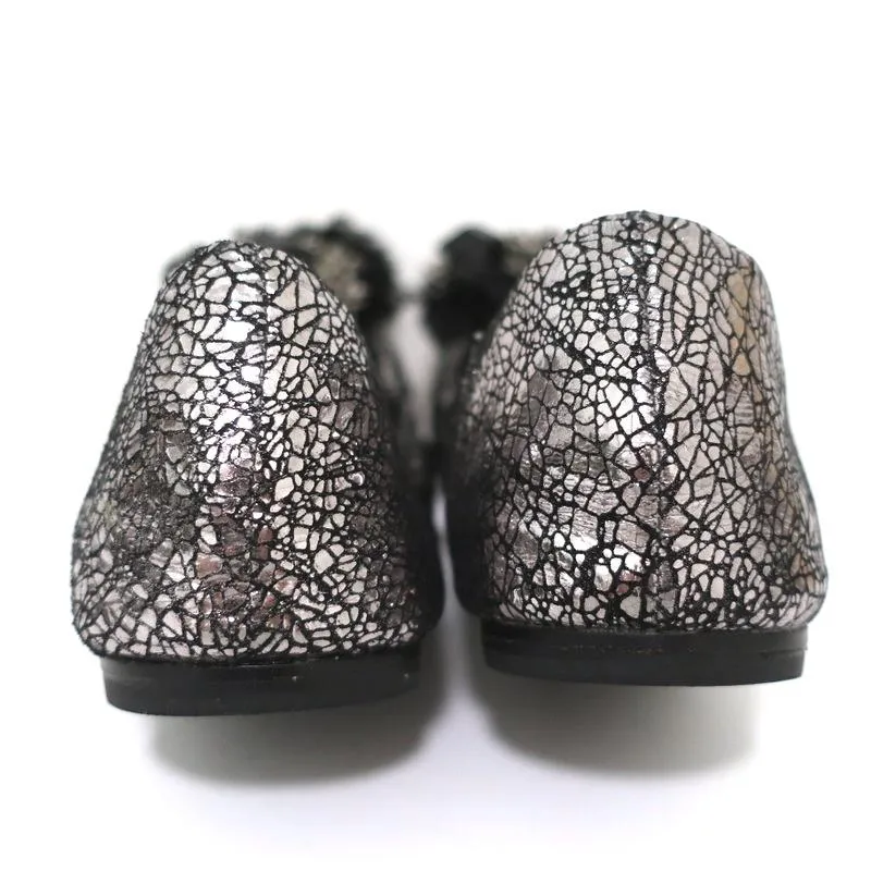 Tory Burch Scrunch Ballet Flats Amelia Crystal-Embellished Silver Leather Size 8