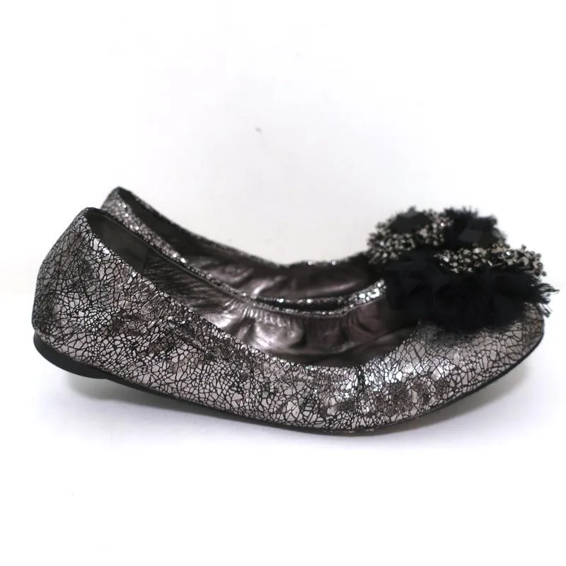 Tory Burch Scrunch Ballet Flats Amelia Crystal-Embellished Silver Leather Size 8