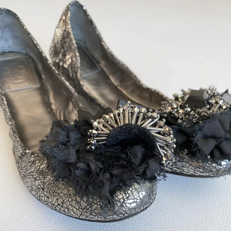 Tory Burch Scrunch Ballet Flats Amelia Crystal-Embellished Silver Leather Size 8