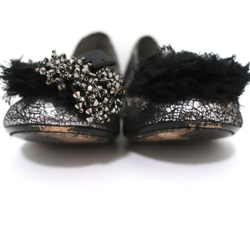 Tory Burch Scrunch Ballet Flats Amelia Crystal-Embellished Silver Leather Size 8