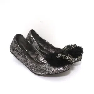 Tory Burch Scrunch Ballet Flats Amelia Crystal-Embellished Silver Leather Size 8