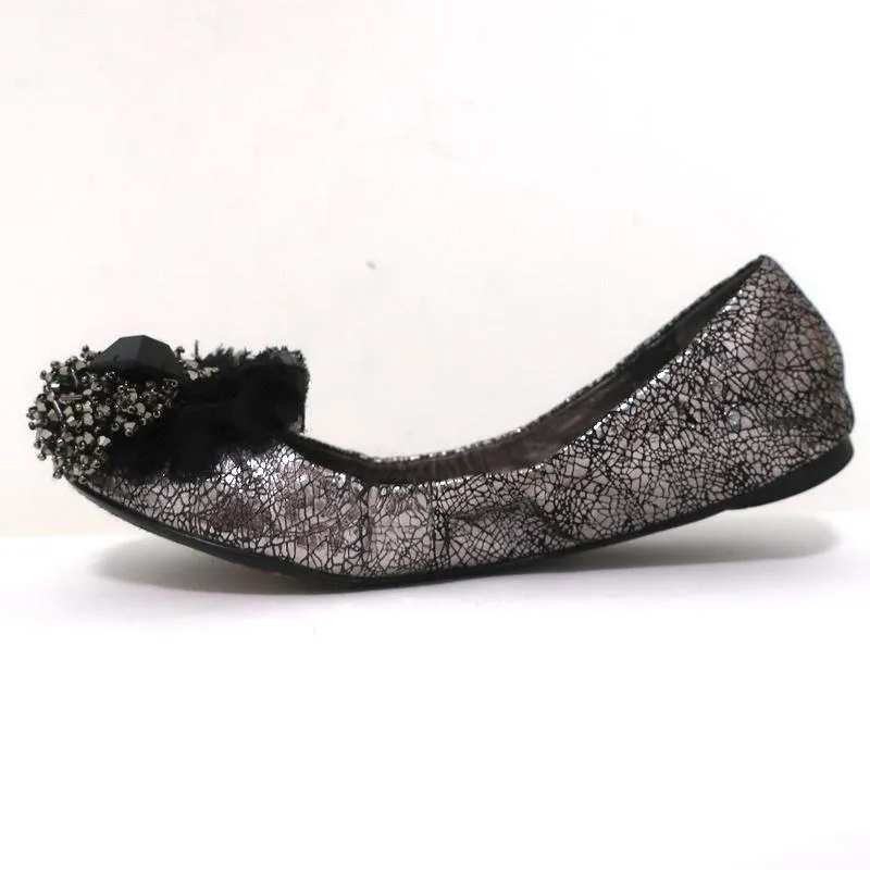 Tory Burch Scrunch Ballet Flats Amelia Crystal-Embellished Silver Leather Size 8