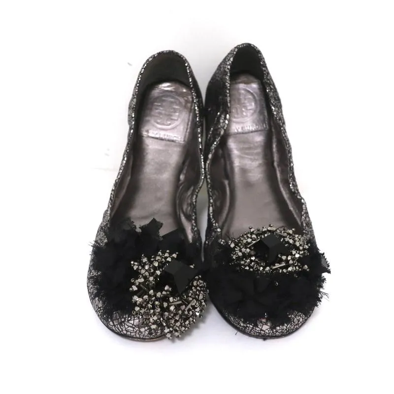Tory Burch Scrunch Ballet Flats Amelia Crystal-Embellished Silver Leather Size 8