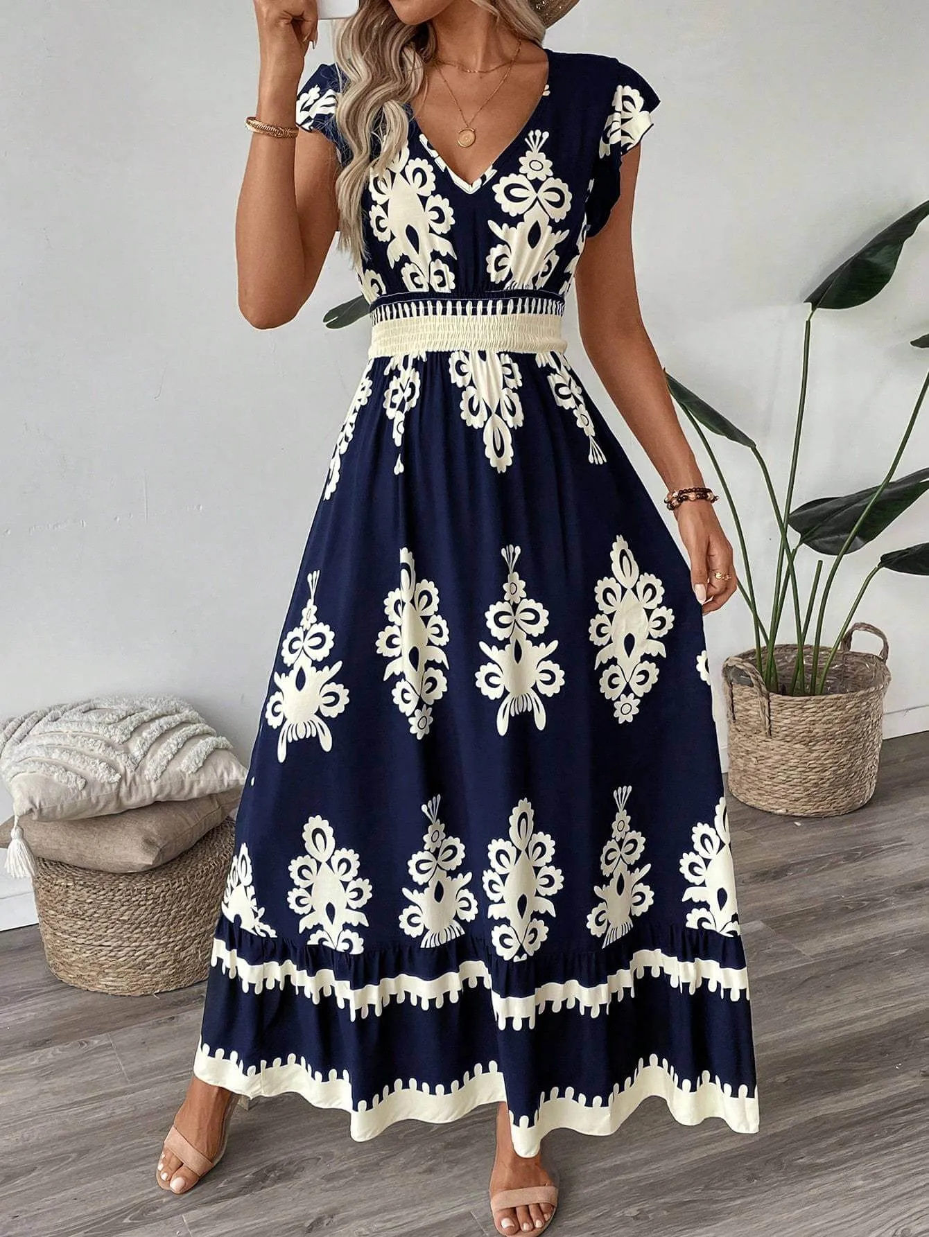Trim Cap Sleeve Cinched Waist Ruffle Hem A-Line Dress