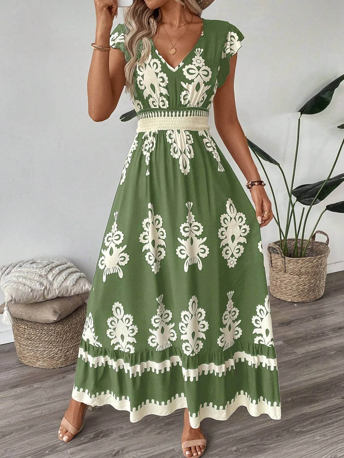 Trim Cap Sleeve Cinched Waist Ruffle Hem A-Line Dress