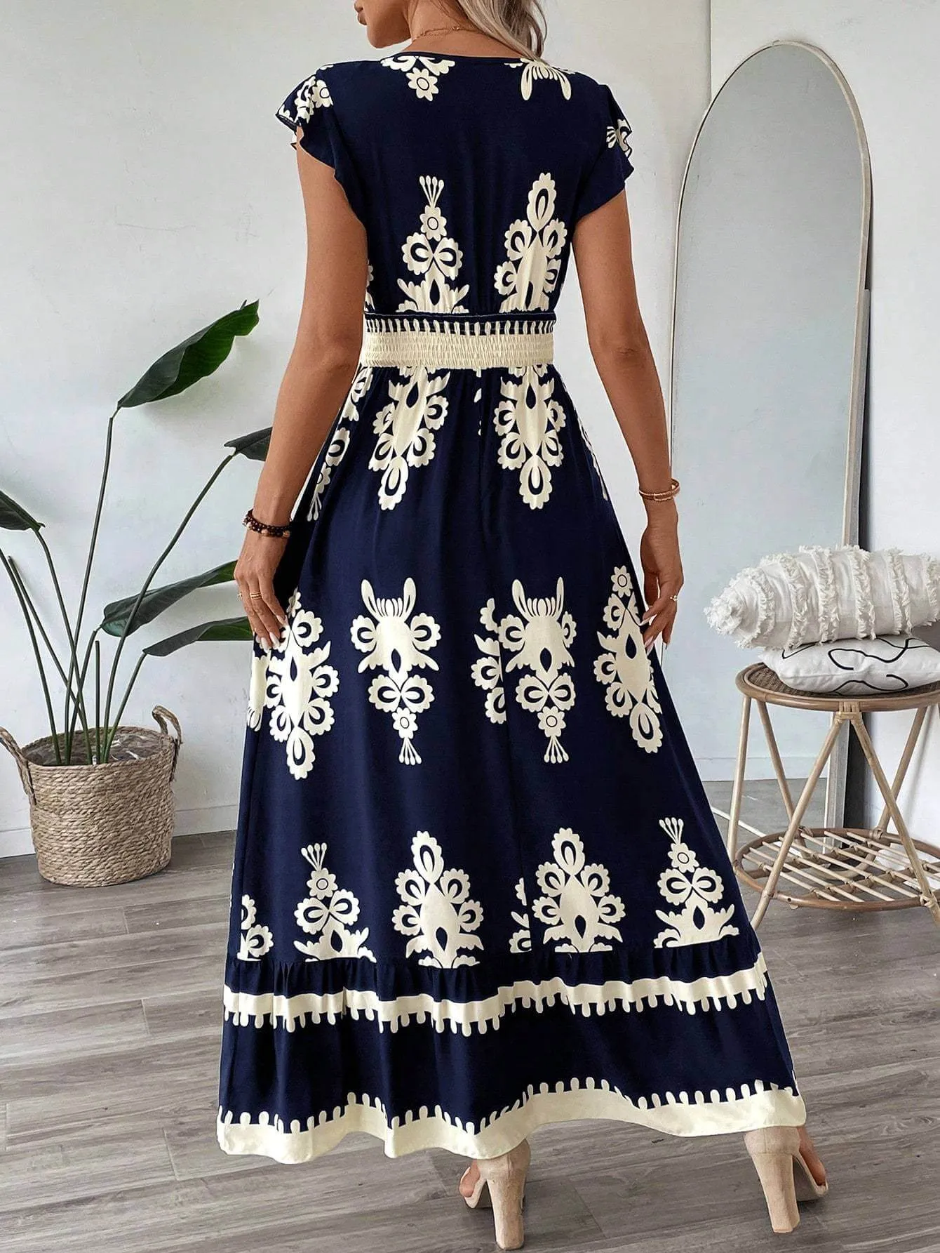 Trim Cap Sleeve Cinched Waist Ruffle Hem A-Line Dress