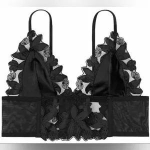 Victoria's Secret VS Unlined Floral Embroidered Long Line Bralette L Large Black